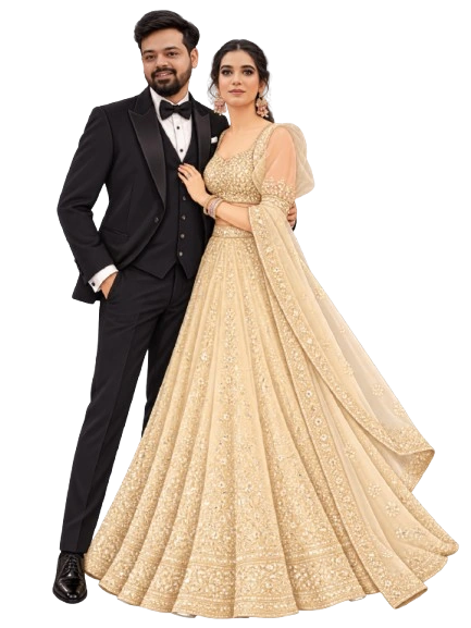 Himanshu in a black tuxedo and Priya in a champagne gown