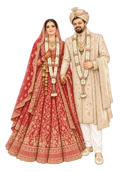 Priya in red and Himanshu in ivory wedding attire, standing beneath the mandap